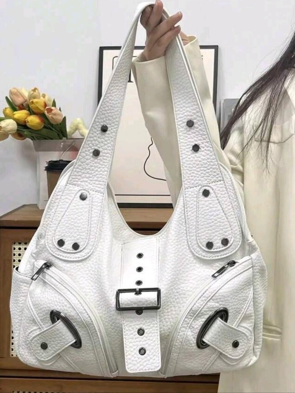 White Structured Shoulder Bag with Silver Hardware